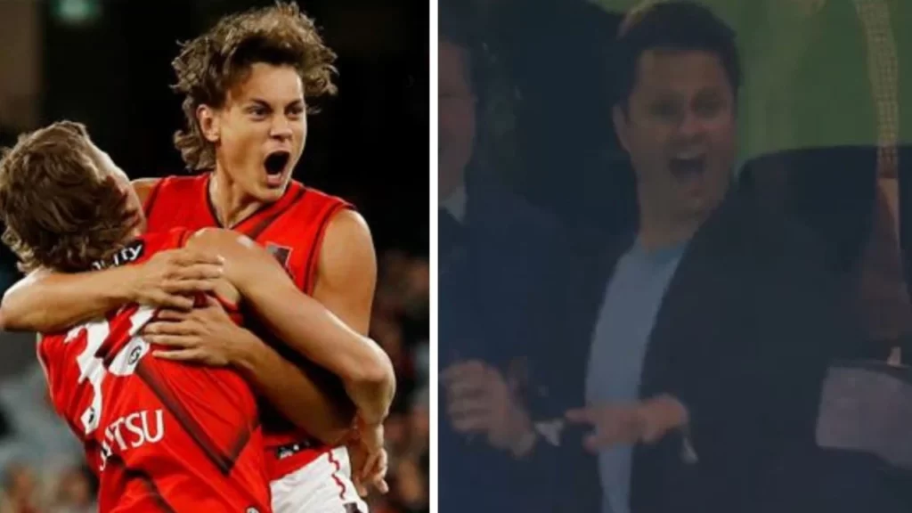 AFL 2022 : Melbourne vs Essendon, réaction de Gavin Wanganeen au premier but de son fils Tex Wanganeen, réaction, vidéo